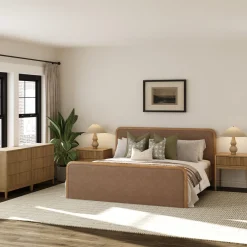 Rounded Faux Leather King Bedroom Set with 2 Fluted Dressers and 2 Nightstands Set Light Brown