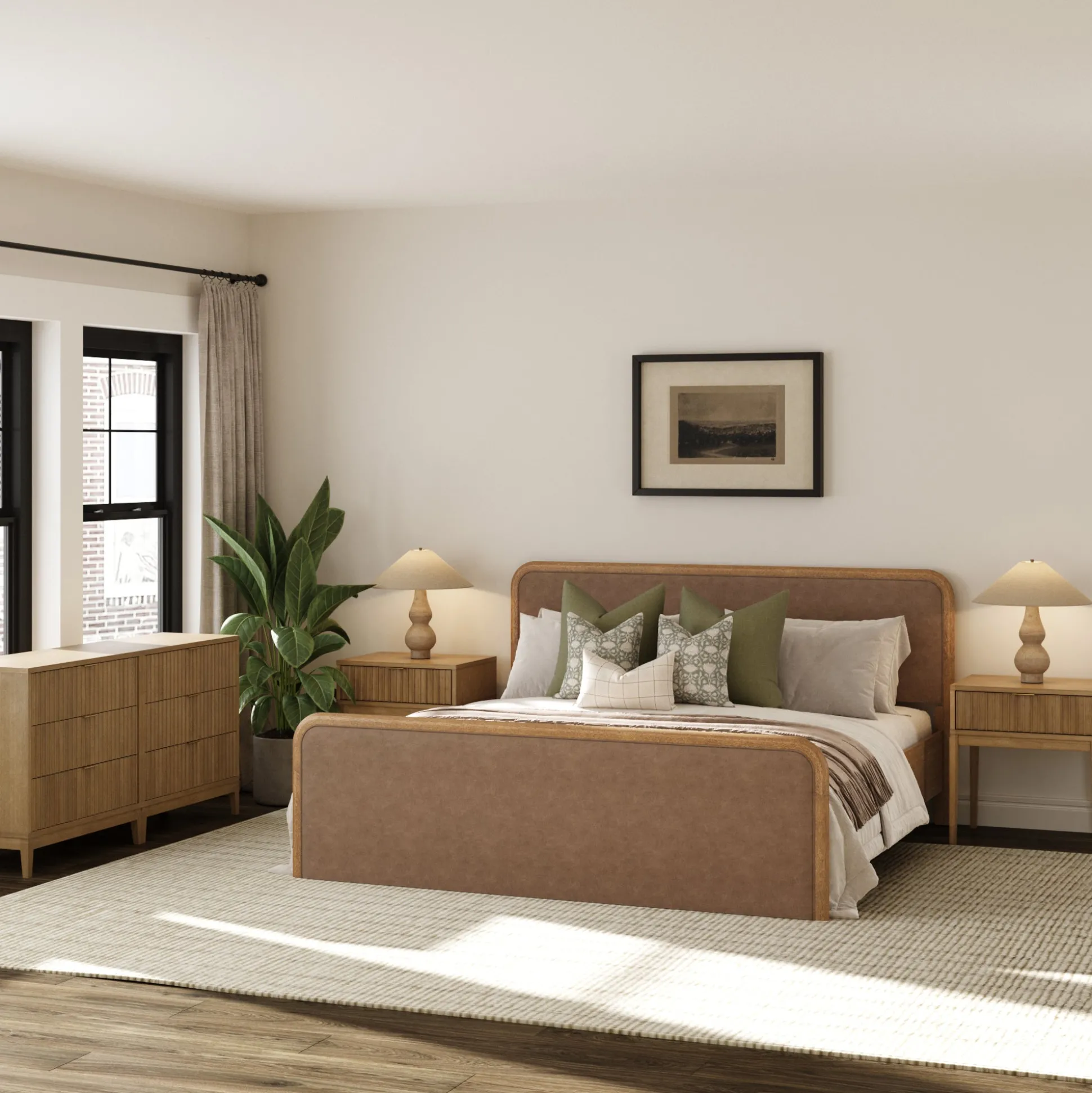 Rounded Faux Leather King Bedroom Set with 2 Fluted Dressers and 2 Nightstands Set Light Brown