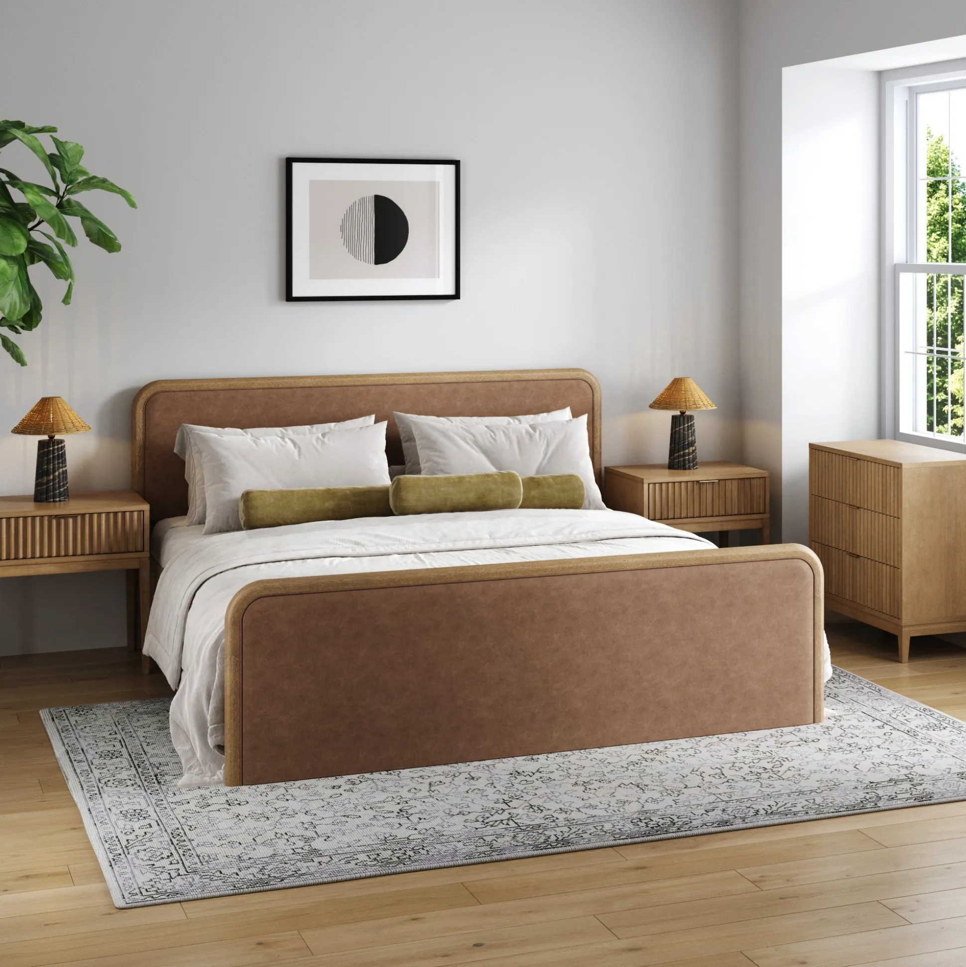 Rounded Faux Leather King Bed Frame with 1 Fluted Dresser and 2 Nightstands Set Light Brown