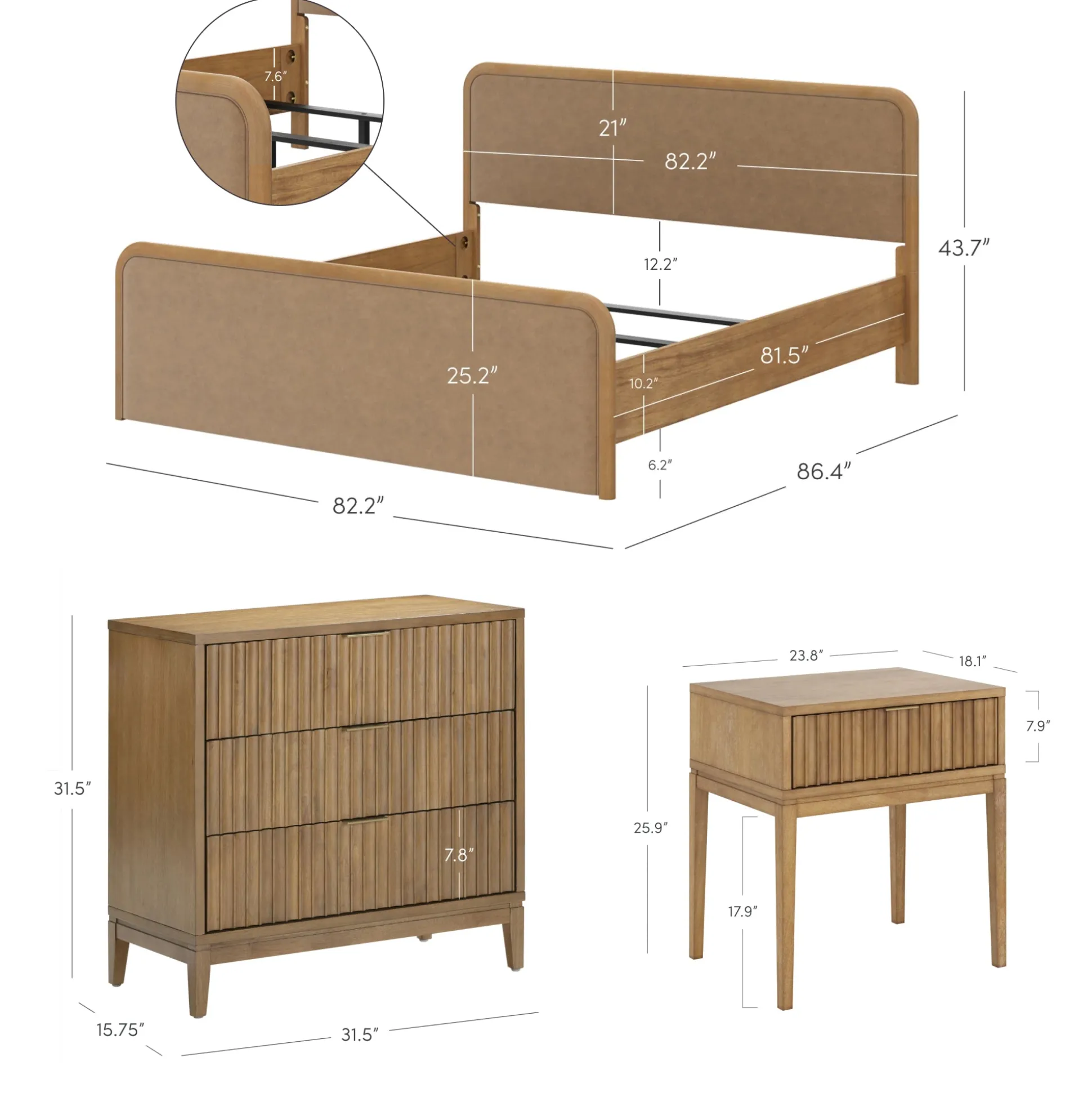 Rounded Faux Leather King Bed Frame with 1 Fluted Dresser and 2 Nightstands Set Light Brown