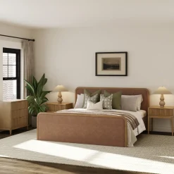 Rounded Faux Leather King Bed Frame with 1 Fluted Dresser and 2 Nightstands Set Light Brown