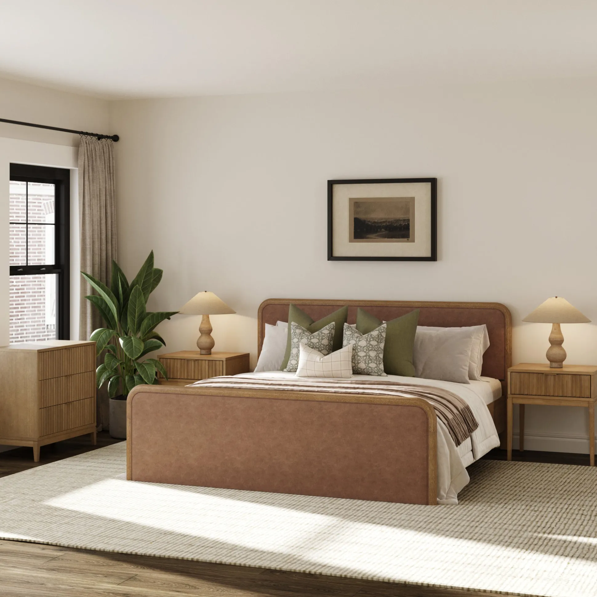 Rounded Faux Leather King Bed Frame with 1 Fluted Dresser and 2 Nightstands Set Light Brown