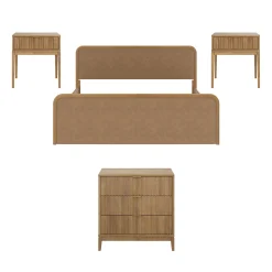 Rounded Faux Leather King Bed Frame with 1 Fluted Dresser and 2 Nightstands Set Light Brown