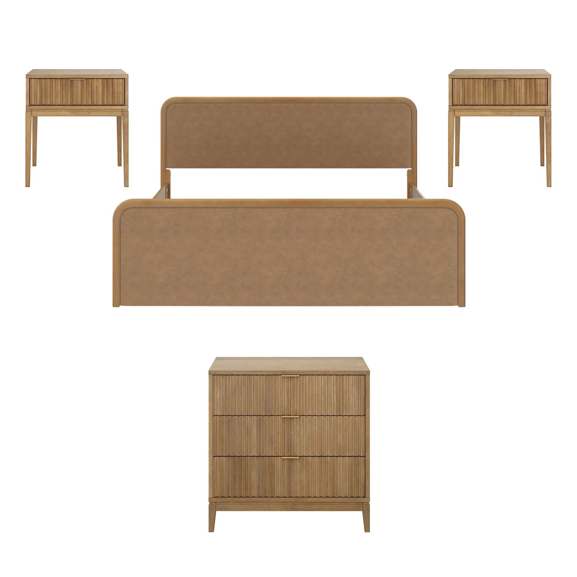 Rounded Faux Leather King Bed Frame with 1 Fluted Dresser and 2 Nightstands Set Light Brown