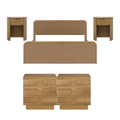 Rounded Faux Leather King Bed Frame with 2 Arched Dressers and 2 Nightstands Set Light Brown