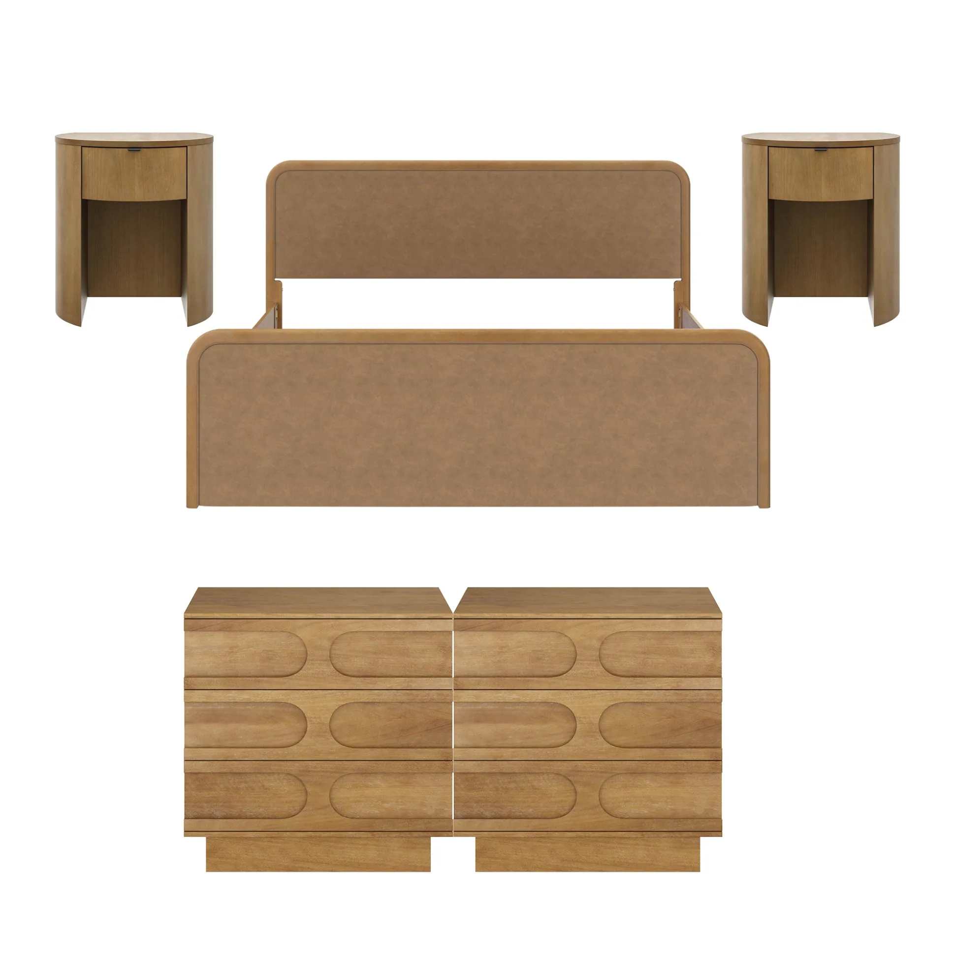 Rounded Faux Leather King Bed Frame with 2 Arched Dressers and 2 Nightstands Set Light Brown