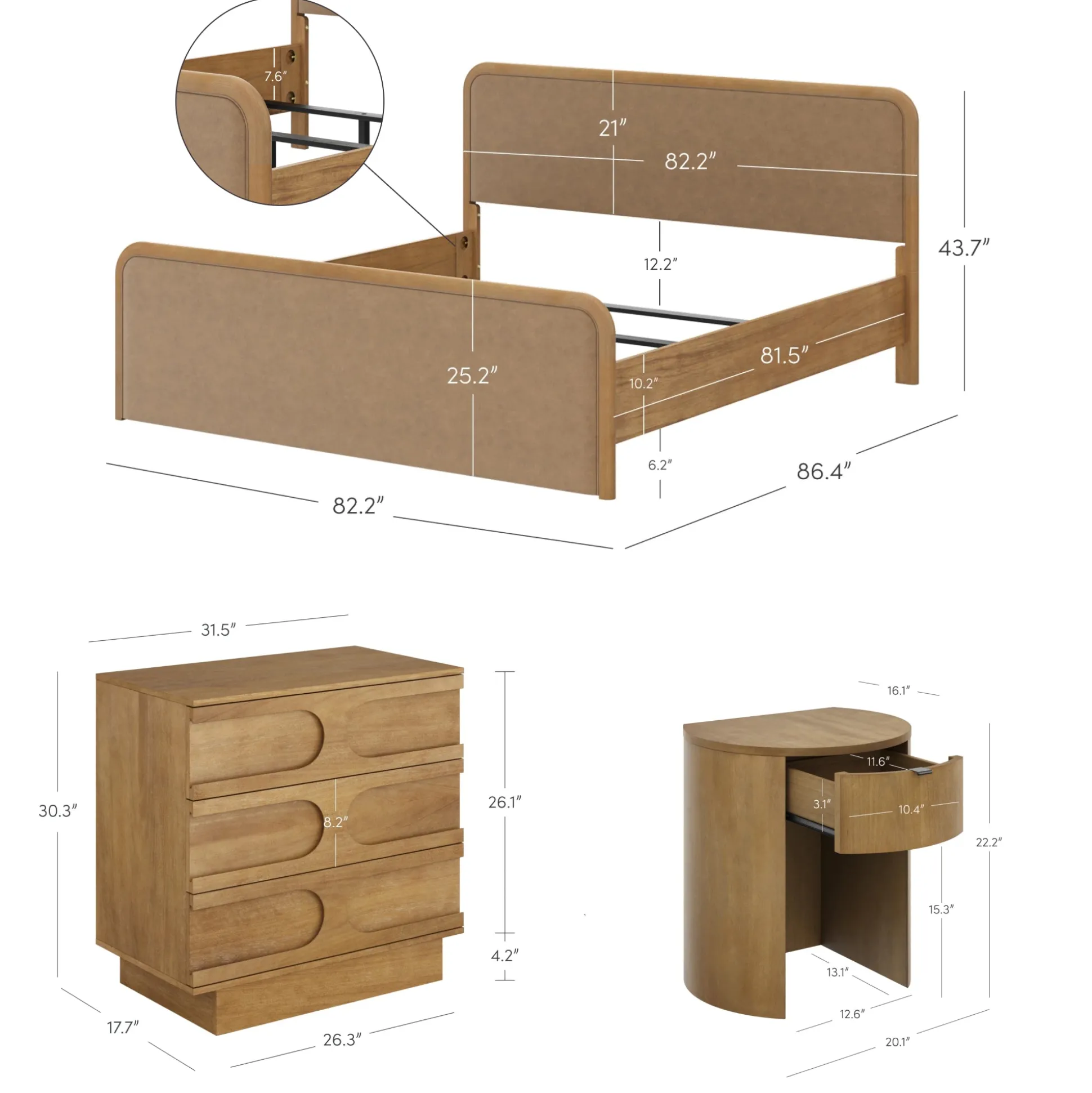 Rounded Faux Leather King Bed Frame with 2 Arched Dressers and 2 Nightstands Set Light Brown
