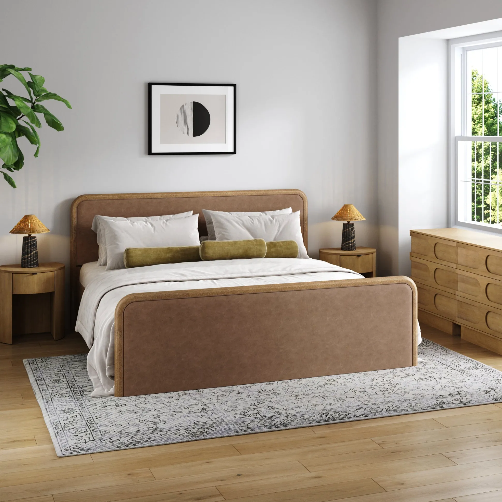 Rounded Faux Leather King Bed Frame with 2 Arched Dressers and 2 Nightstands Set Light Brown