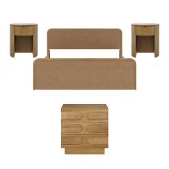 Rounded Faux Leather King Bed Frame with 1 Arched Dresser and 2 Nightstands Set Light Brown