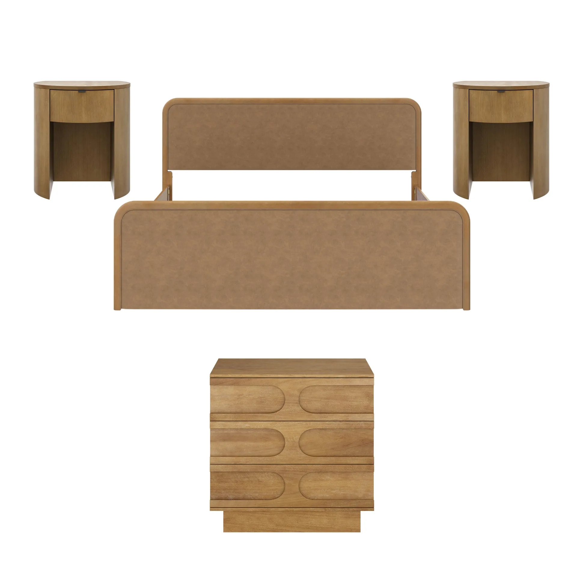 Rounded Faux Leather King Bed Frame with 1 Arched Dresser and 2 Nightstands Set Light Brown