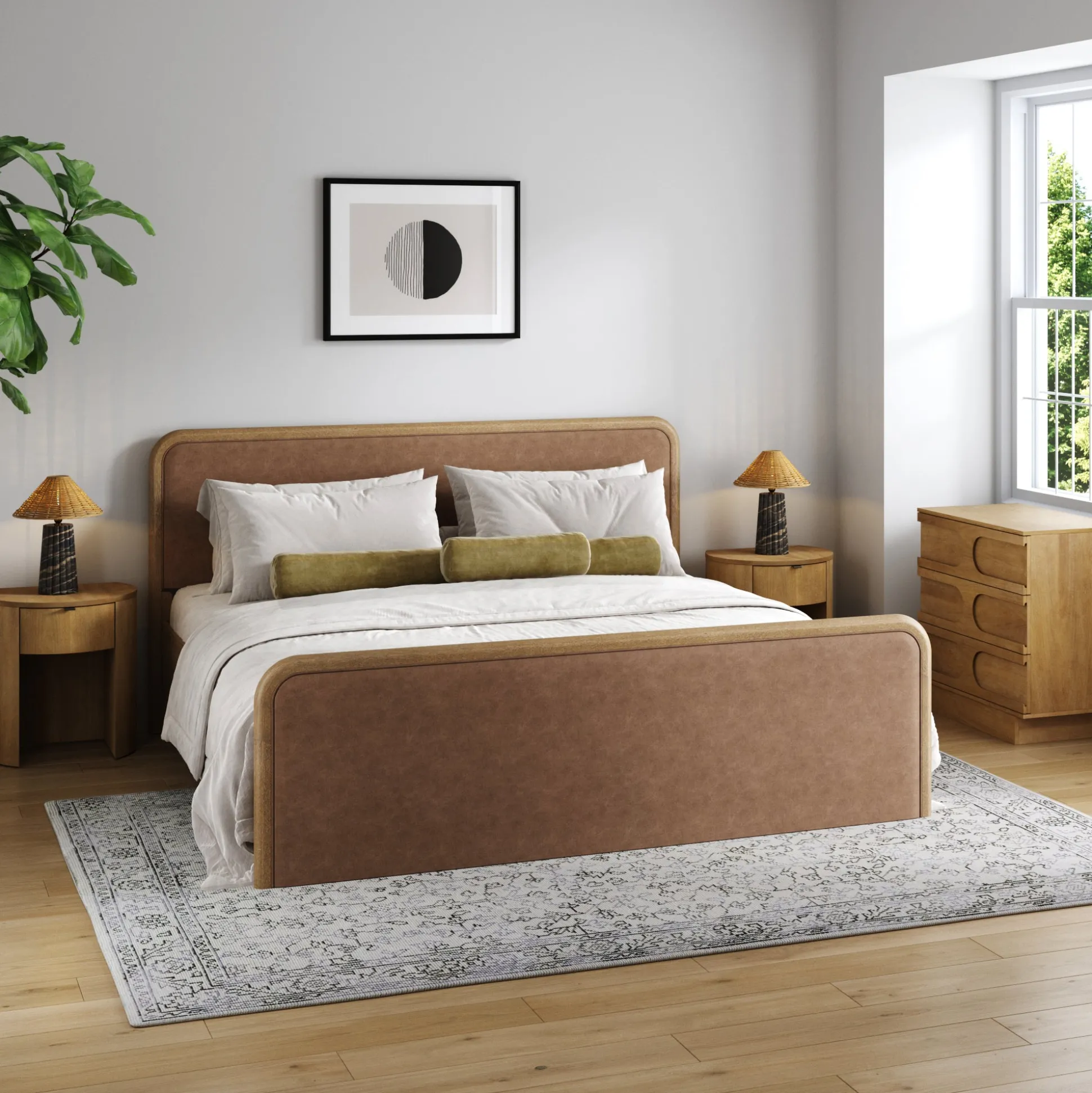 Rounded Faux Leather King Bed Frame with 1 Arched Dresser and 2 Nightstands Set Light Brown