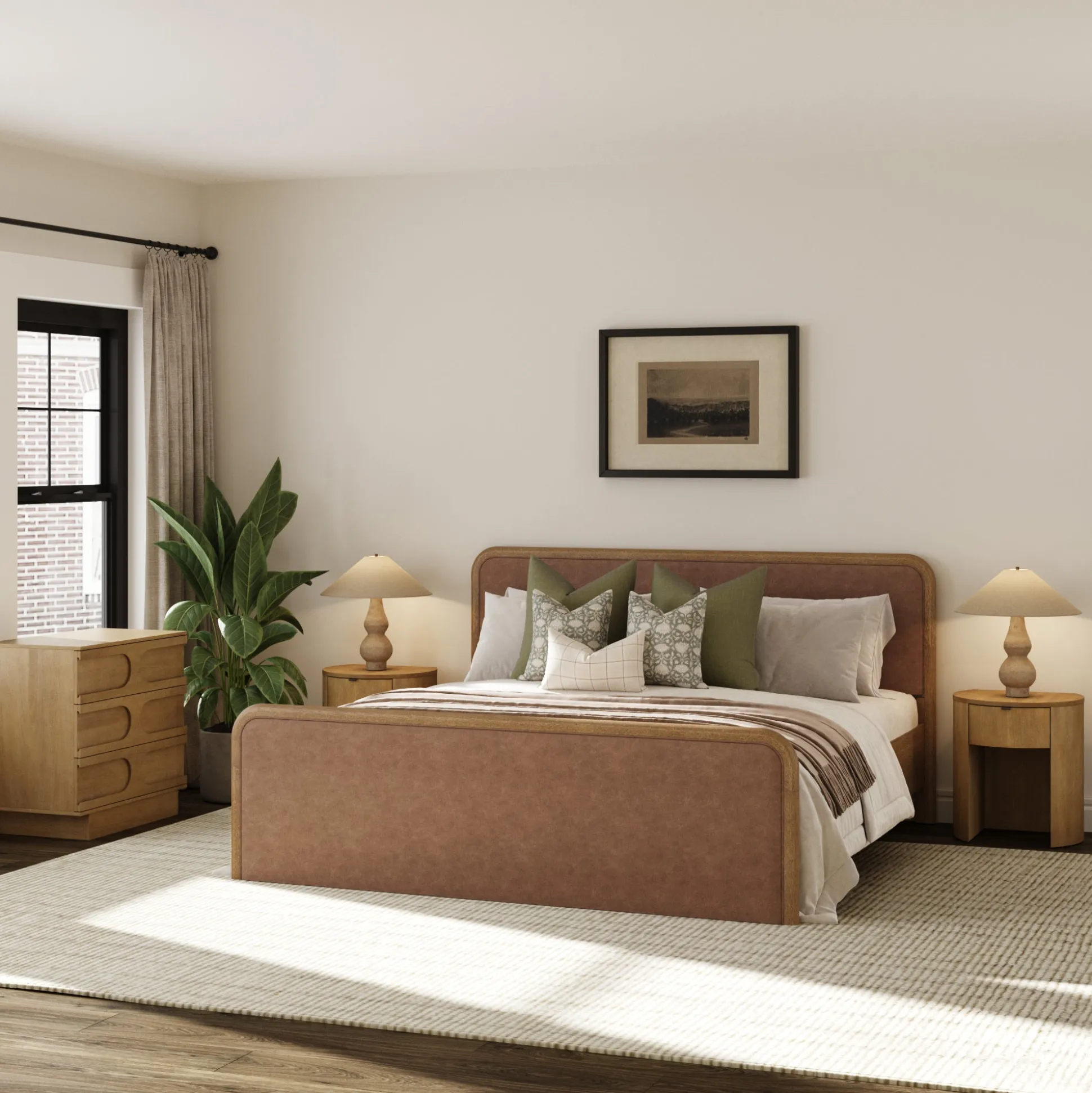 Rounded Faux Leather King Bed Frame with 1 Arched Dresser and 2 Nightstands Set Light Brown