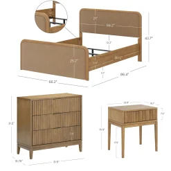 Rounded Faux Leather Queen Bed Frame with 1 Fluted Dresser and 2 Nightstands Set Light Brown