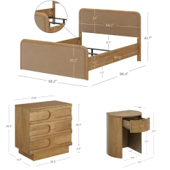Rounded Faux Leather Queen Bed Frame with 2 Arched Dressers and 2 Nightstands Set Light Brown