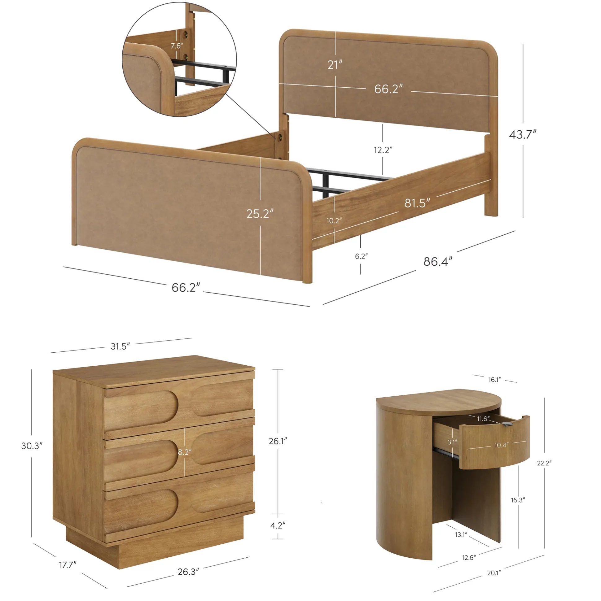 Rounded Faux Leather Queen Bed Frame with 2 Arched Dressers and 2 Nightstands Set Light Brown