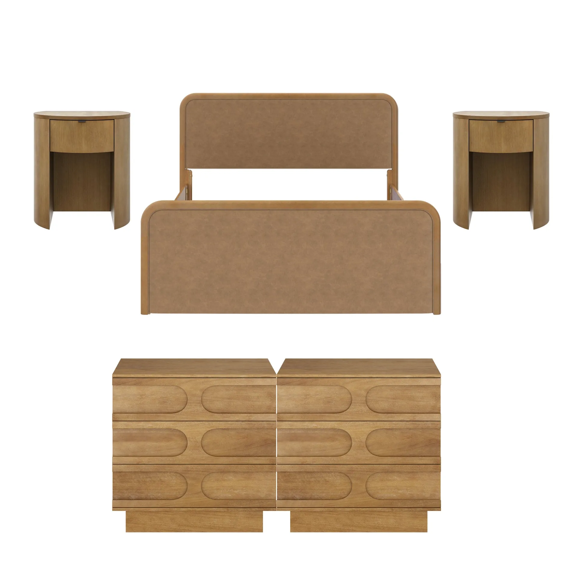 Rounded Faux Leather Queen Bed Frame with 2 Arched Dressers and 2 Nightstands Set Light Brown
