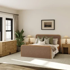 Rounded Faux Leather Queen Bed Frame with 2 Arched Dressers and 2 Nightstands Set Light Brown