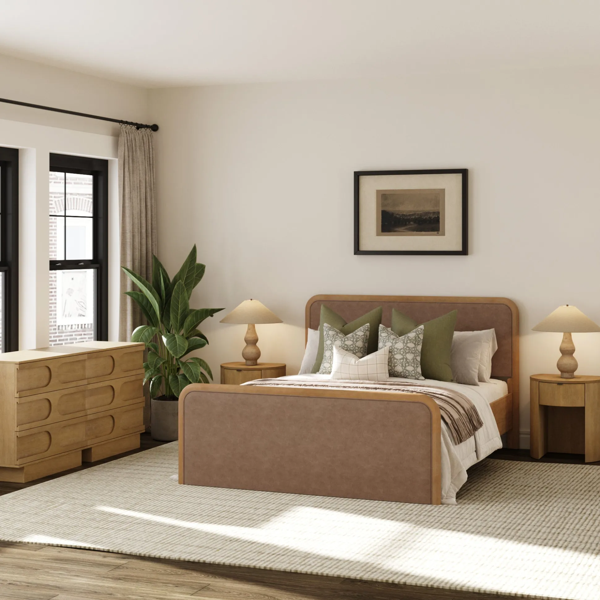 Rounded Faux Leather Queen Bed Frame with 2 Arched Dressers and 2 Nightstands Set Light Brown