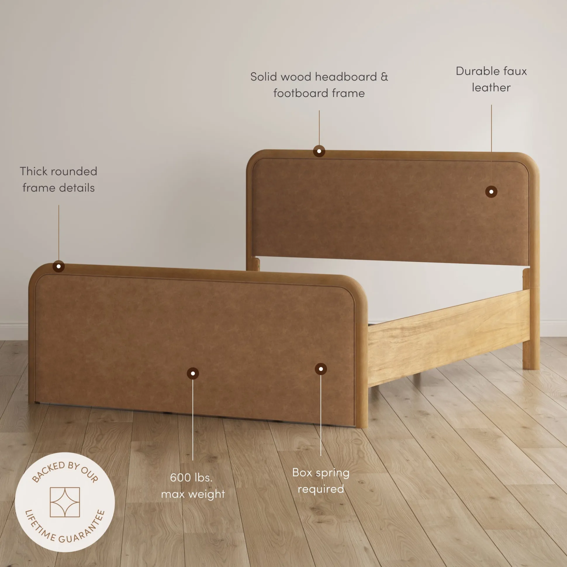 Rounded Faux Leather Queen Bed Frame with 1 Arched Dresser and 2 Nightstands Set Light Brown