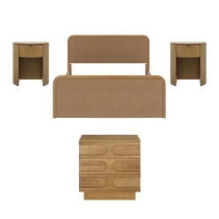 Rounded Faux Leather Queen Bed Frame with 1 Arched Dresser and 2 Nightstands Set Light Brown