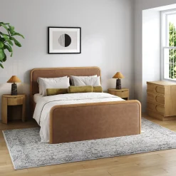 Rounded Faux Leather Queen Bed Frame with 1 Arched Dresser and 2 Nightstands Set Light Brown