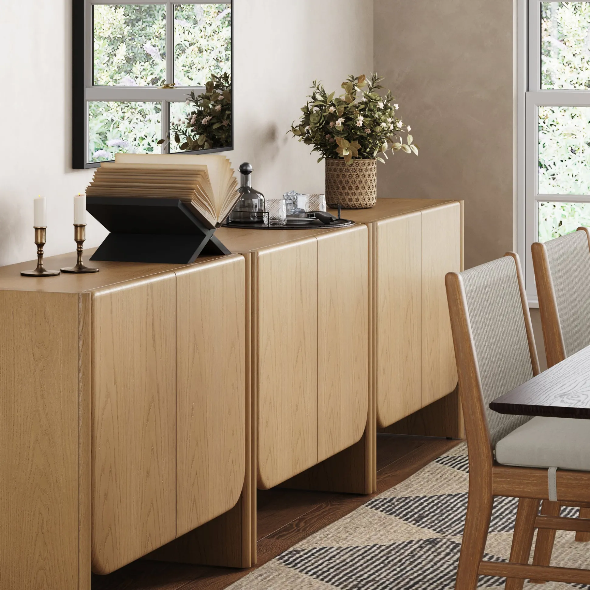 Rounded Wood Accent Cabinet or Kitchen Credenza Raw Oak (Set of 3)