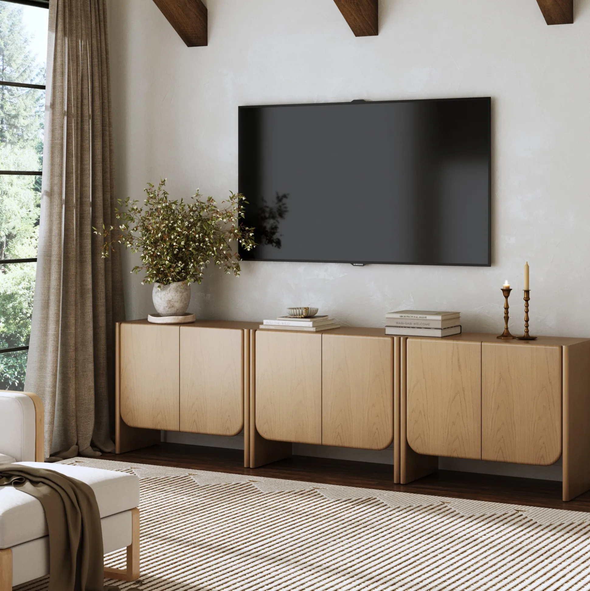 Rounded Wood Accent Cabinet or Kitchen Credenza Raw Oak (Set of 3)