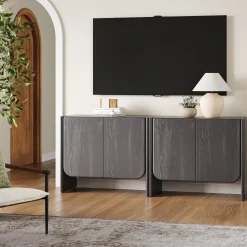 Rounded Wood Cabinet Credenza Black Oak (Set of 2)