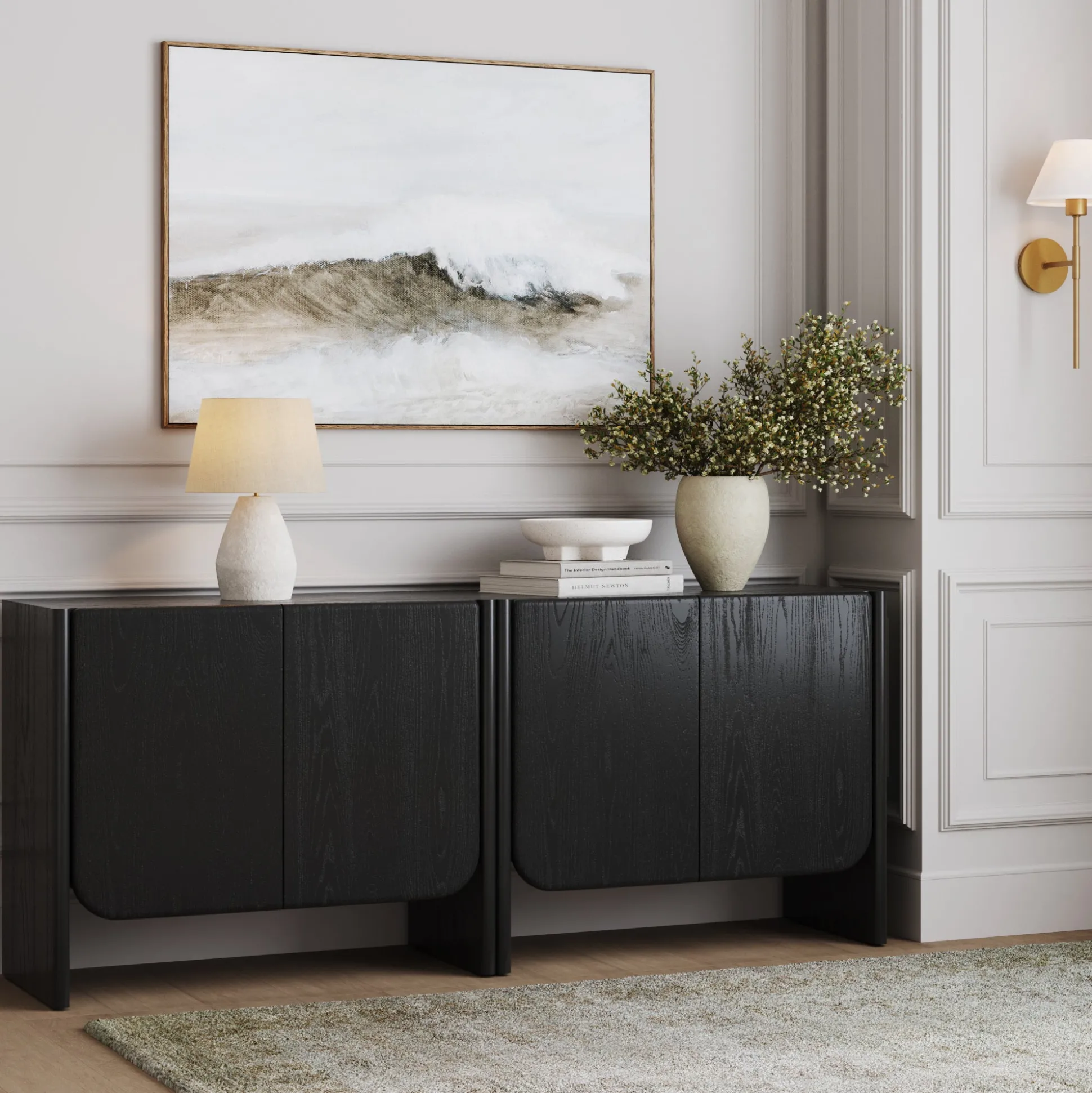 Rounded Wood Cabinet Credenza Black Oak (Set of 2)
