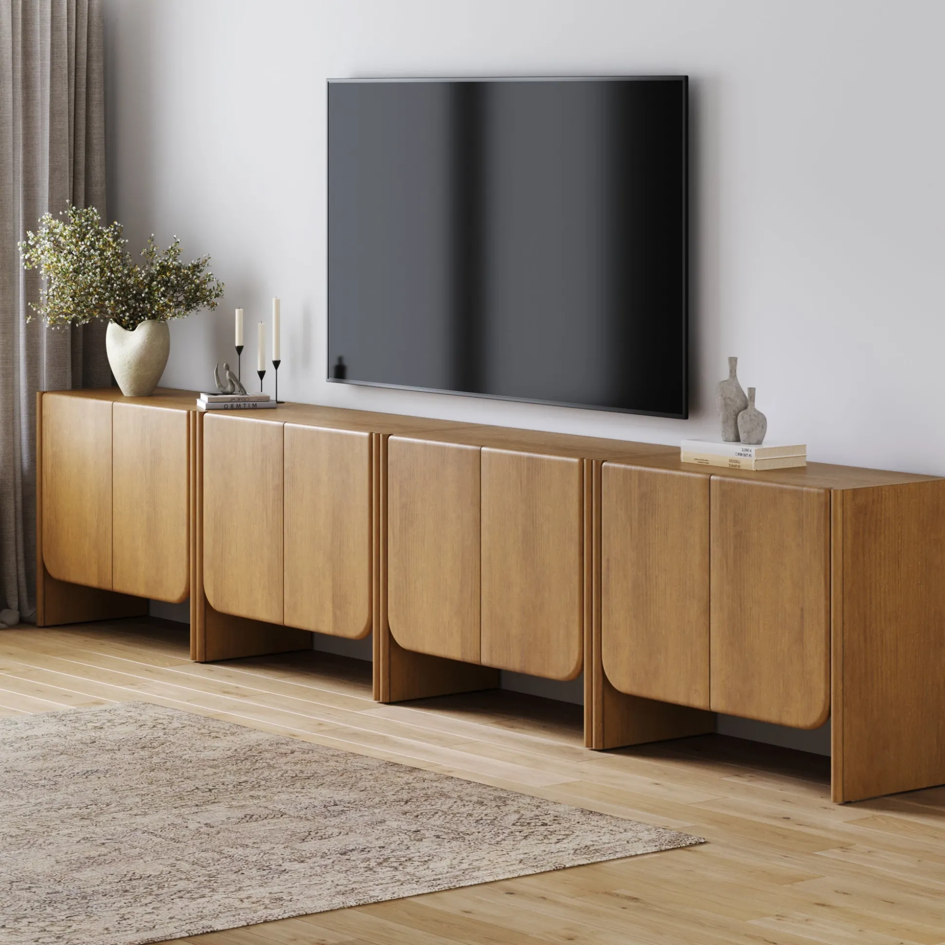 Rounded Wood TV Console Cabinet Light Brown for TVs up to 100"