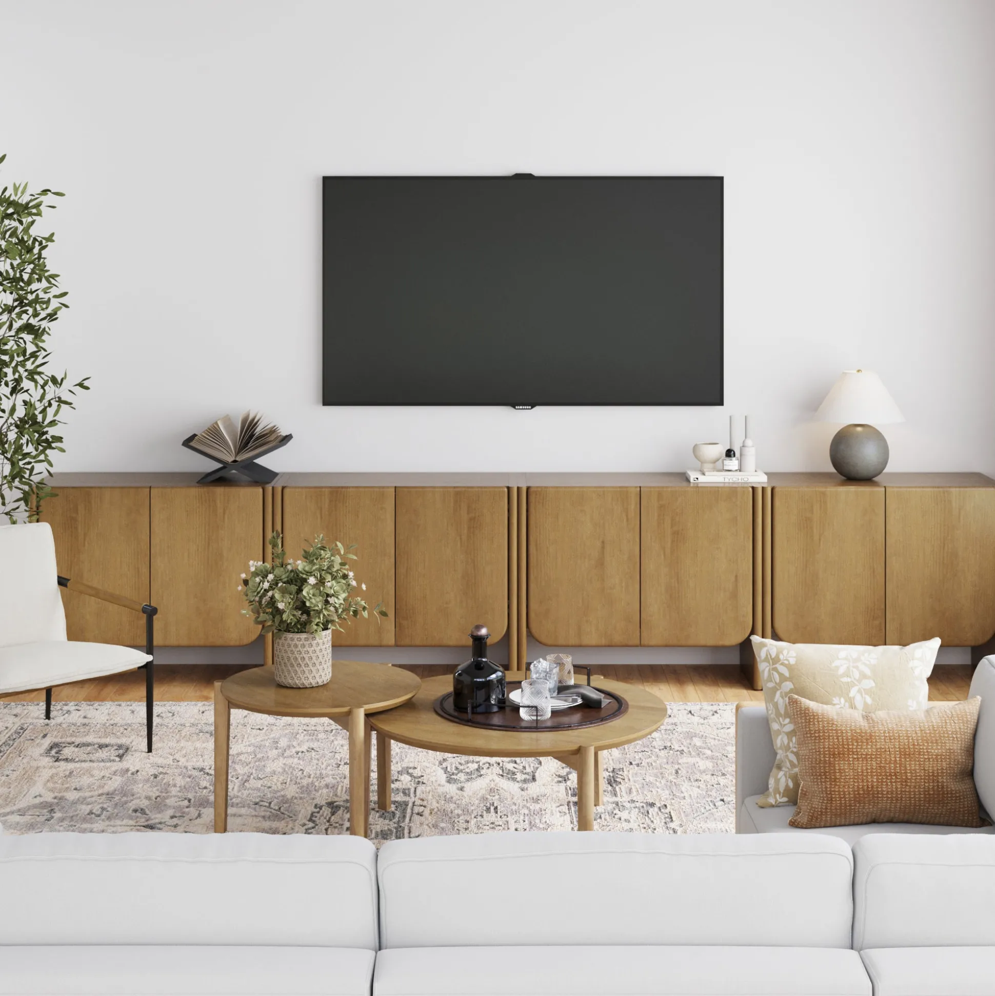 Rounded Wood TV Console Cabinet Light Brown for TVs up to 100"