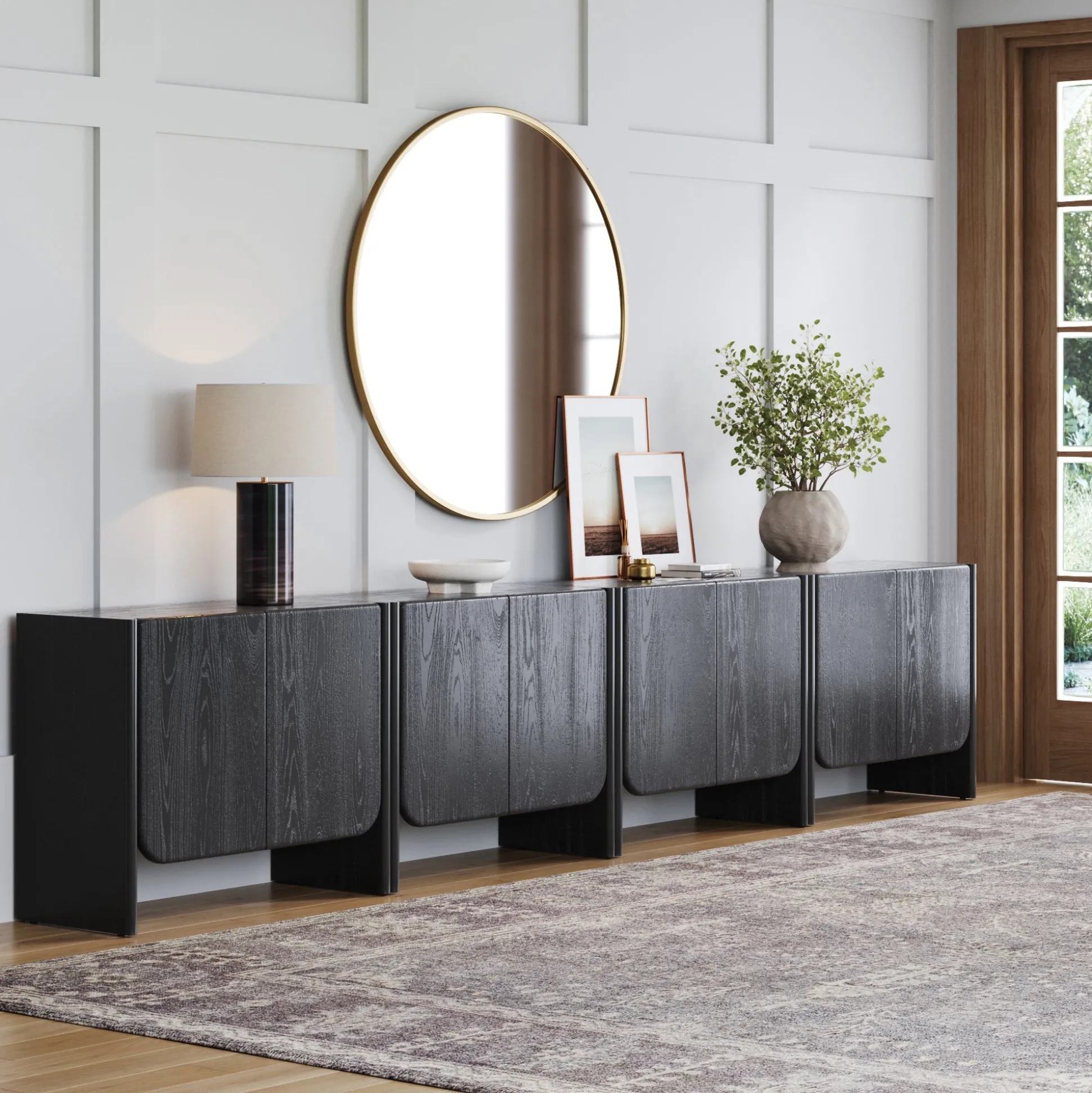 Rounded Wood TV Console Cabinet Black Oak for TVs up to 100"