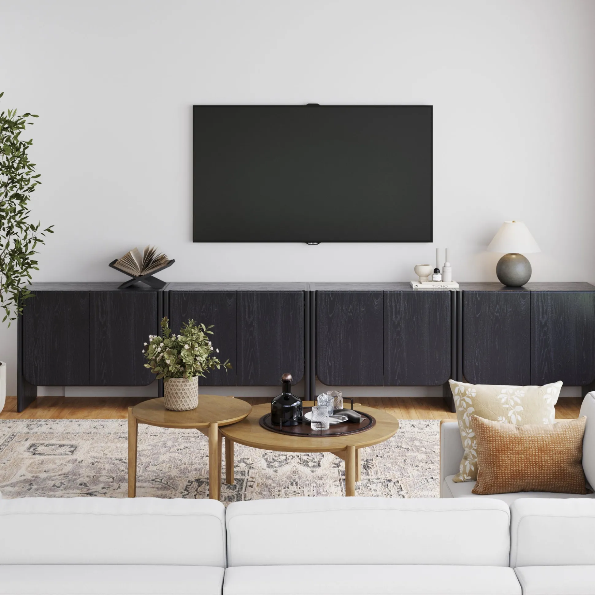 Rounded Wood TV Console Cabinet Black Oak for TVs up to 100"