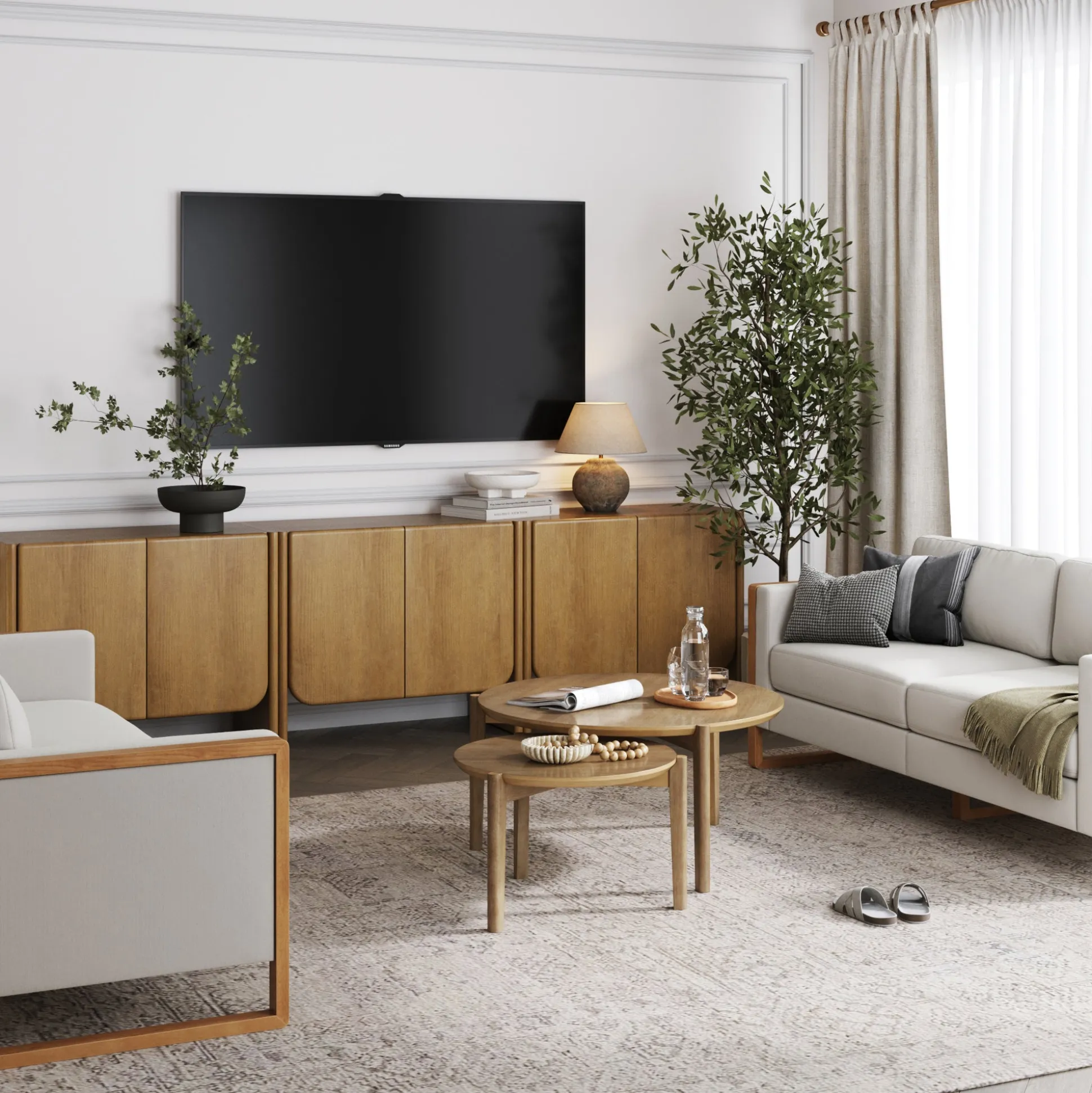 Rounded Wood TV Console Cabinet Light Brown for TVs up to 75"