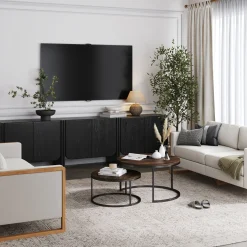 Rounded Wood TV Console Cabinet Black Oak for TVs up to 75"