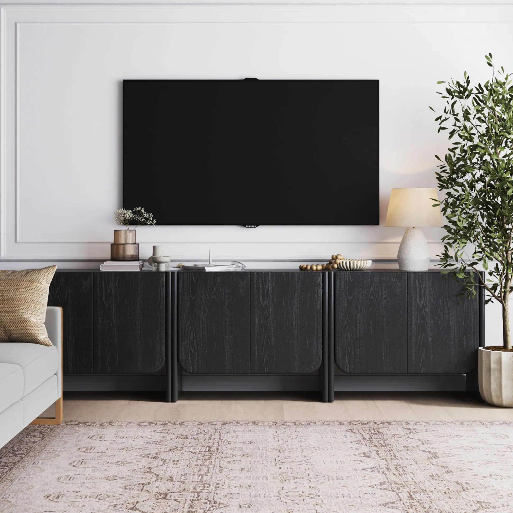 Rounded Wood TV Console Cabinet Black Oak for TVs up to 75"