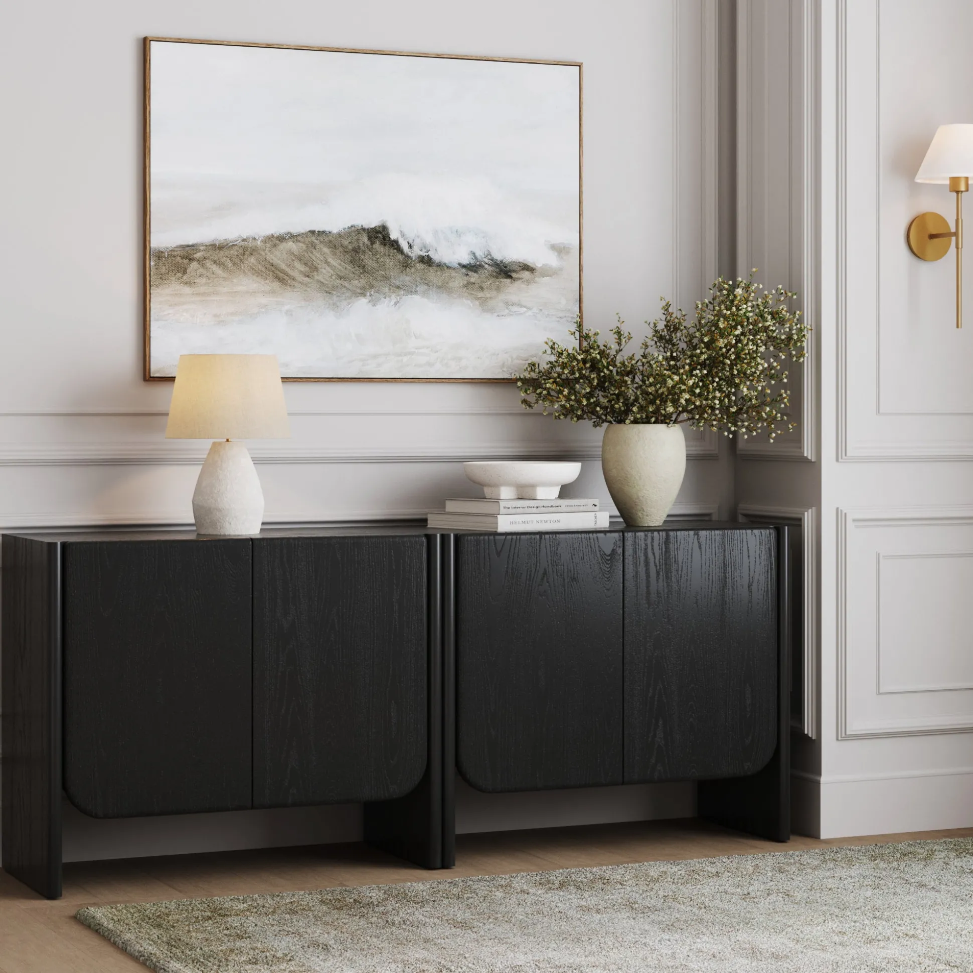 Rounded Wood TV Console Cabinet Black Oak for TVs up to 65"