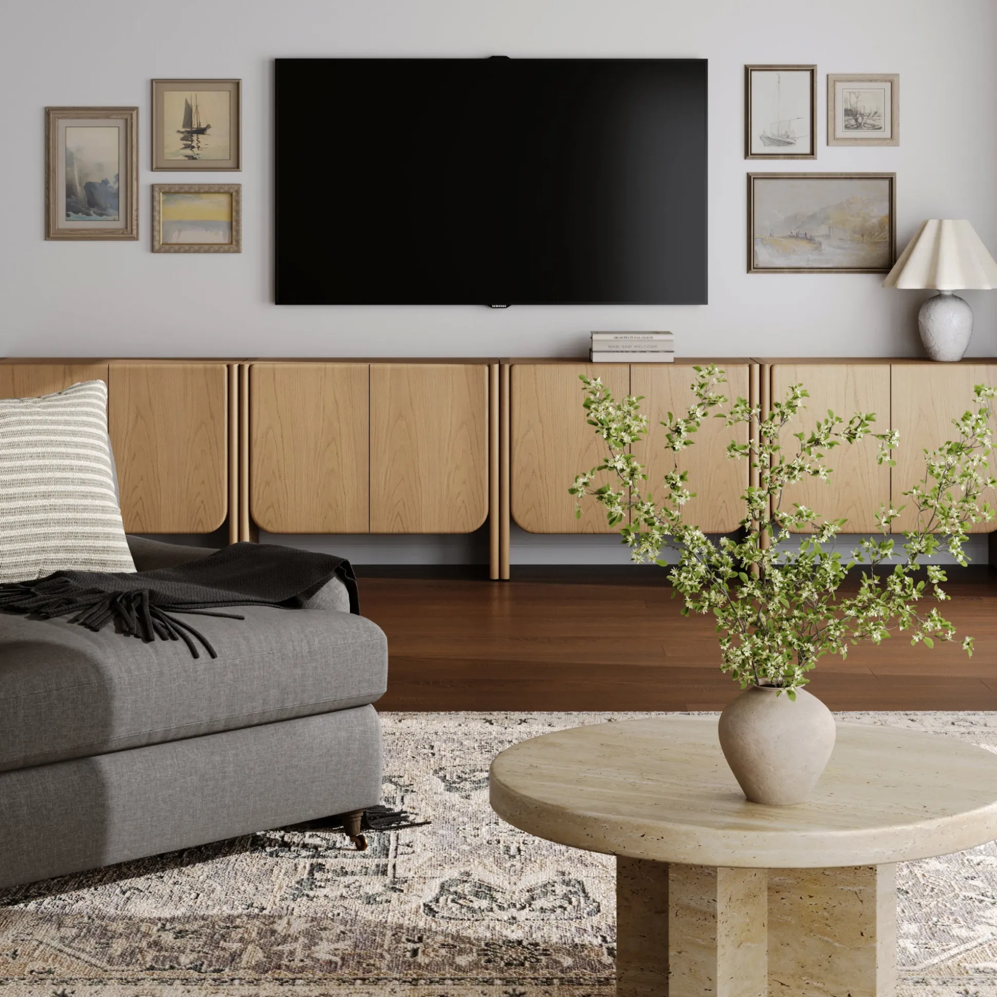 Rounded Wood TV Console Cabinet Raw Oak for TVs up to 100"