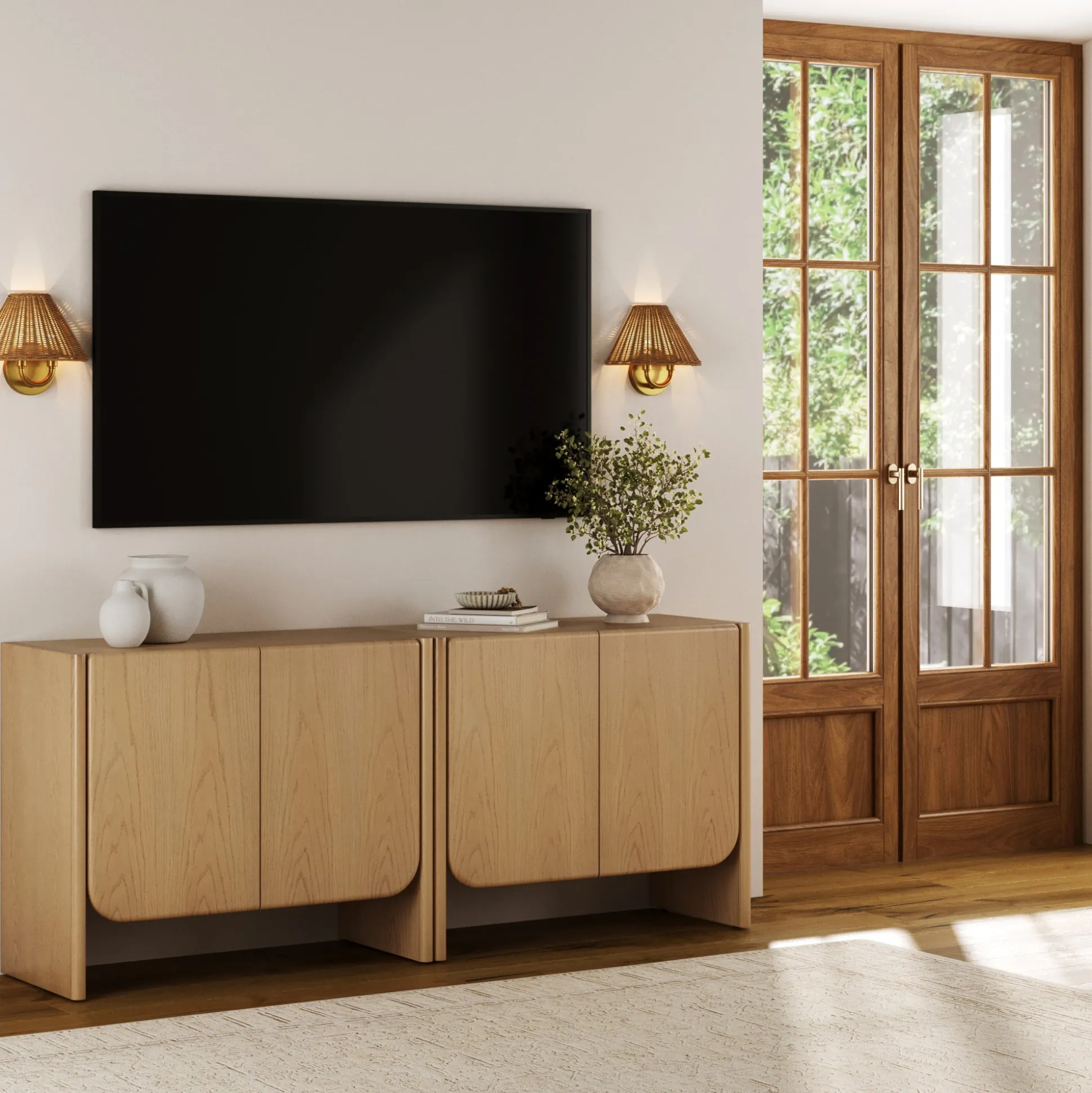 Rounded Wood TV Console Cabinet Raw Oak for TVs up to 65"