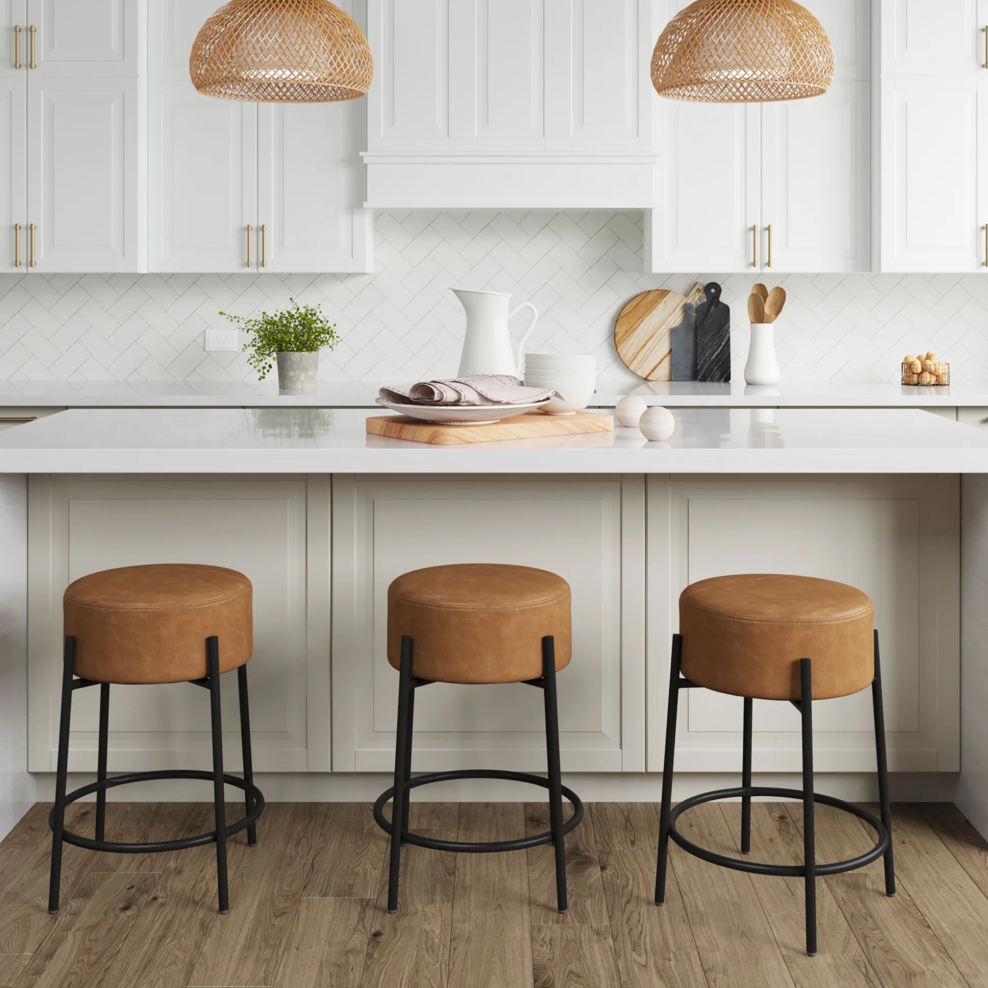 Round Faux Leather Backless Counter Height Bar Stools Brown (Set of 3)