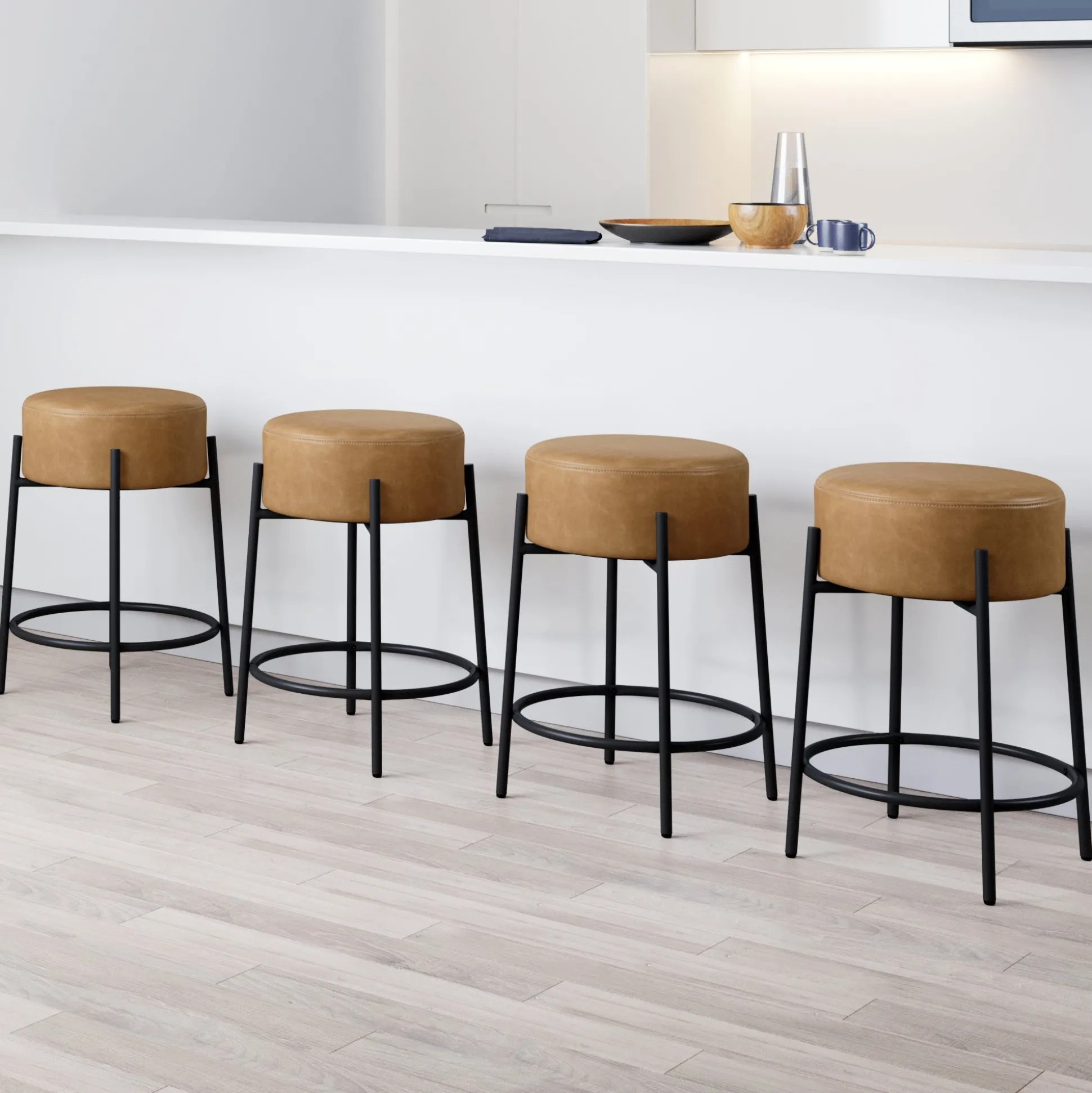 Round Faux Leather Backless Counter Height Bar Stools Brown (Set of 4)