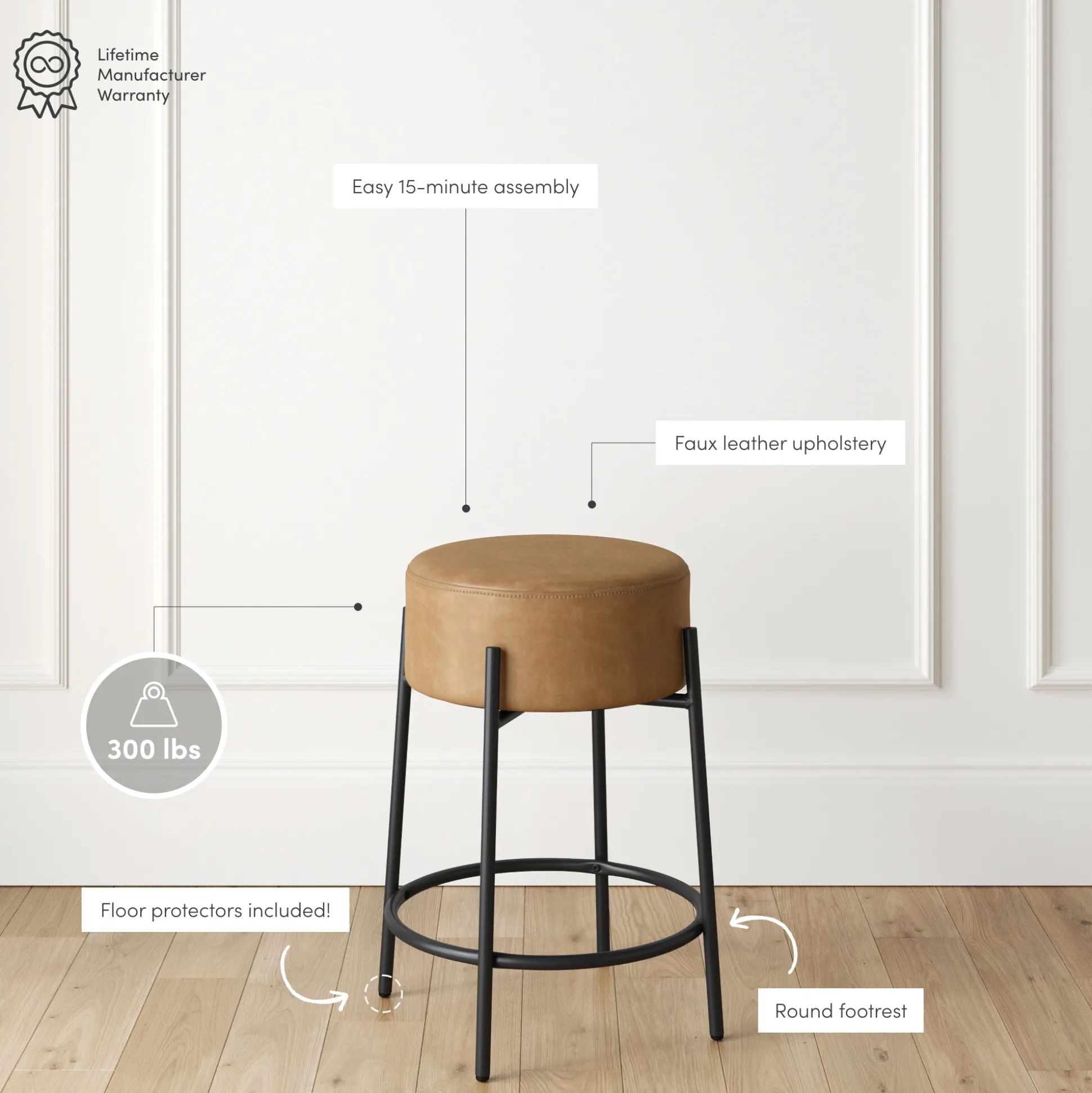 Round Faux Leather Backless Counter Height Bar Stool Brown