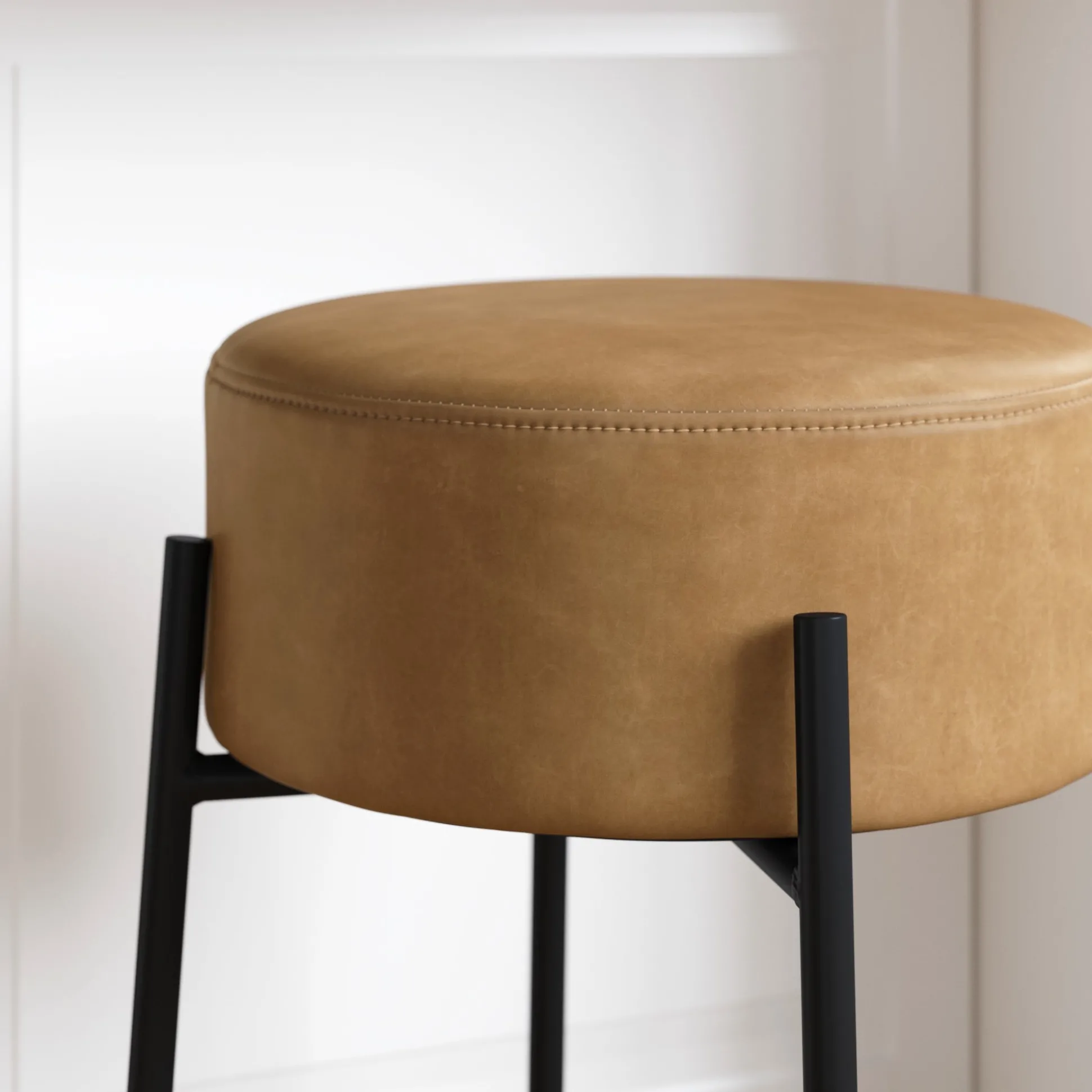 Round Faux Leather Backless Counter Height Bar Stool Brown