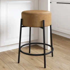 Round Faux Leather Backless Counter Height Bar Stool Brown