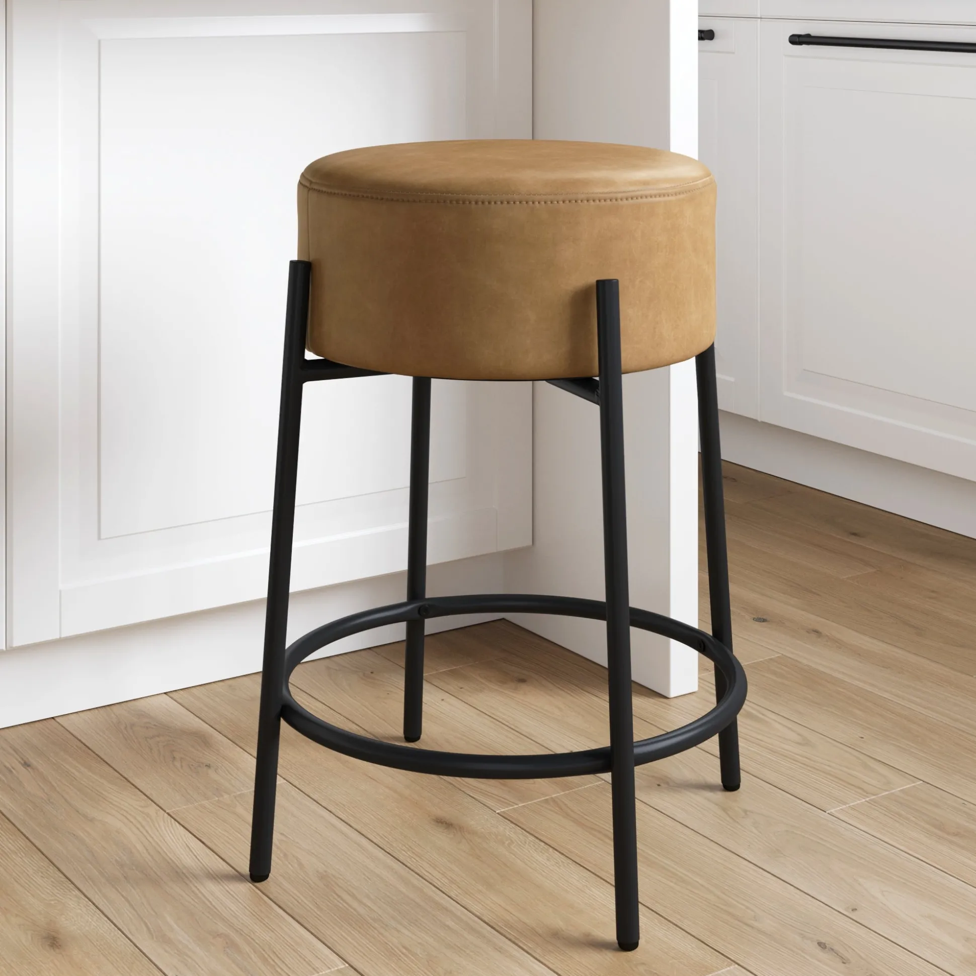 Round Faux Leather Backless Counter Height Bar Stool Brown