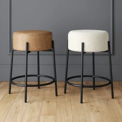 Round Faux Leather Backless Counter Height Bar Stool Brown