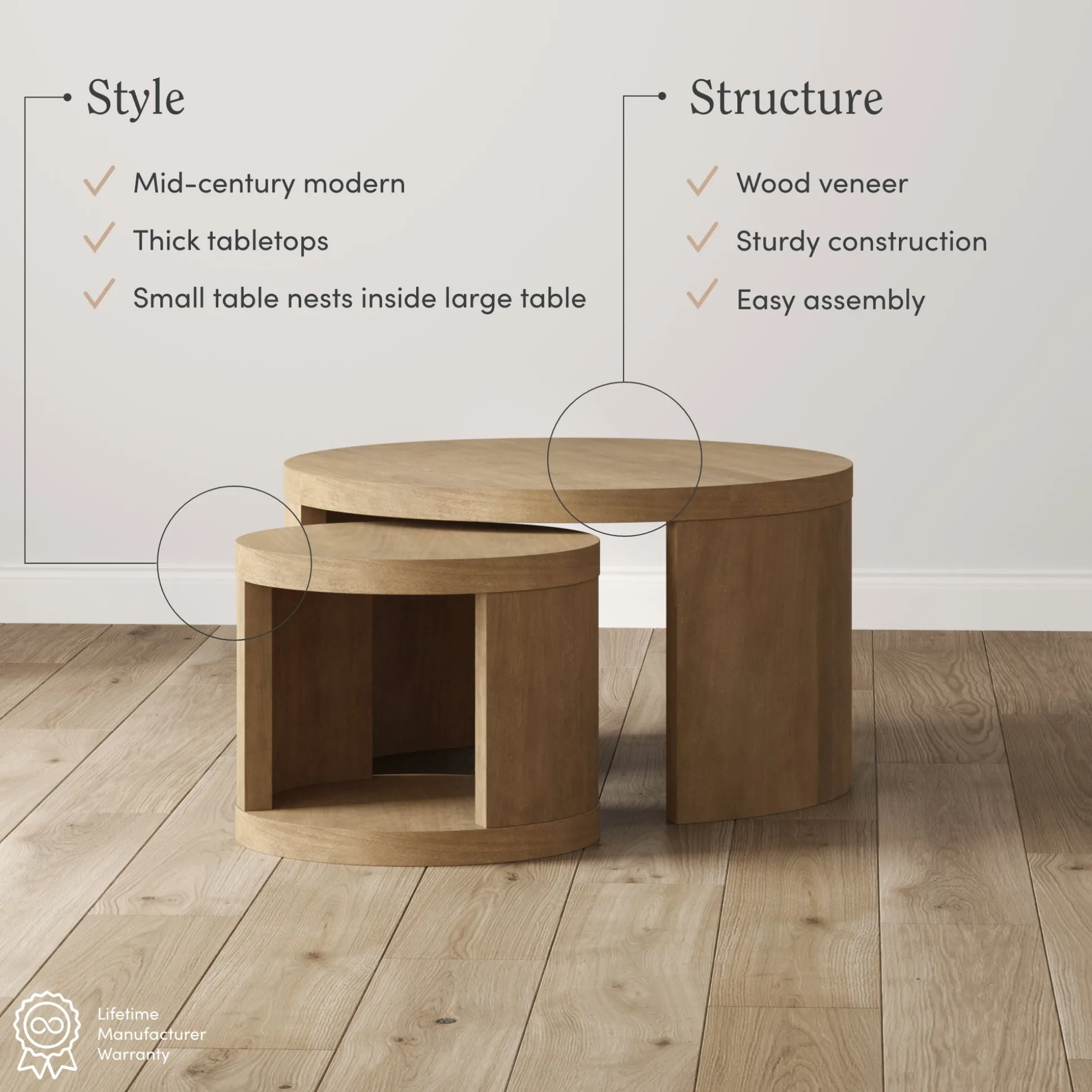 Round Wood Nesting Coffee Table Set Light Brown