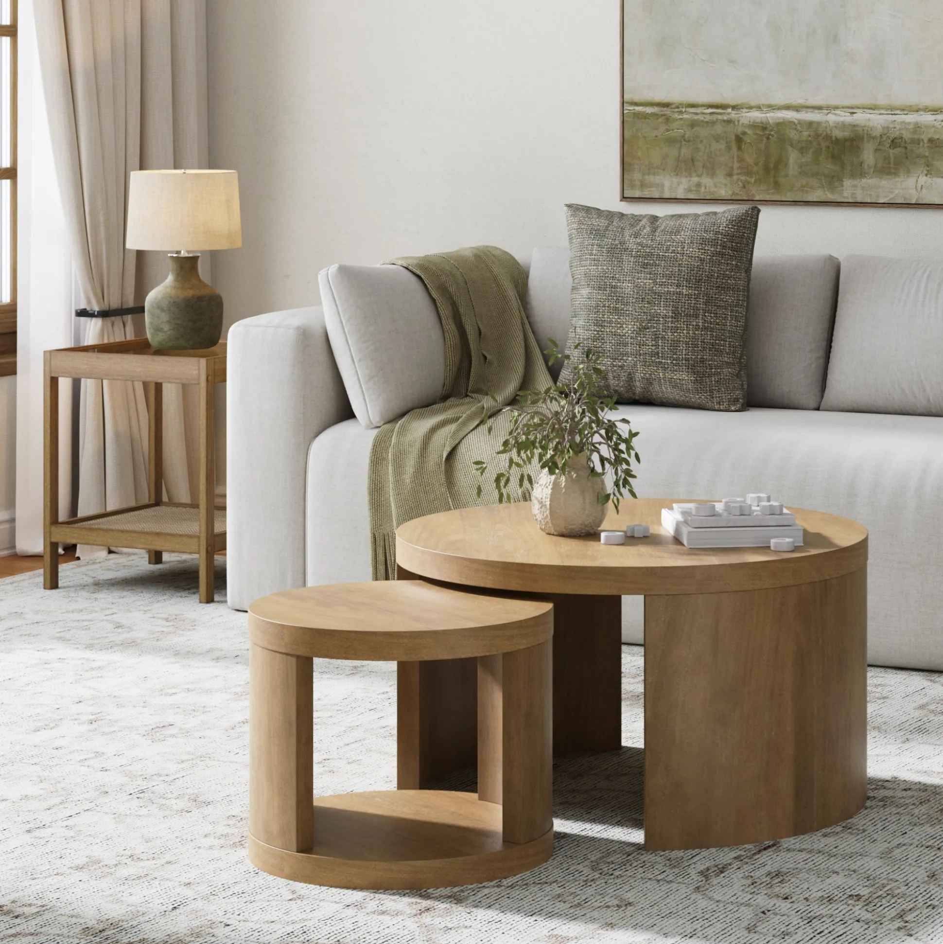 Round Wood Nesting Coffee Table Set Light Brown