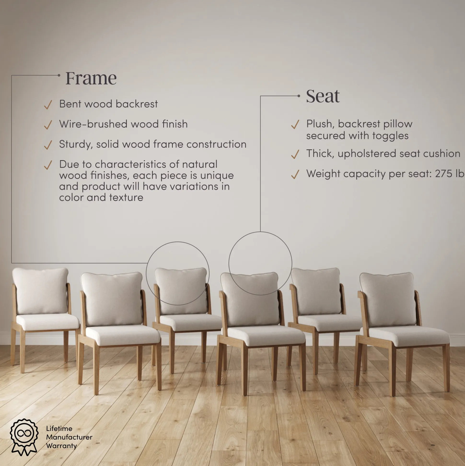 Scandinavian Dining Chair with Back Light Brown (Set of 6)
