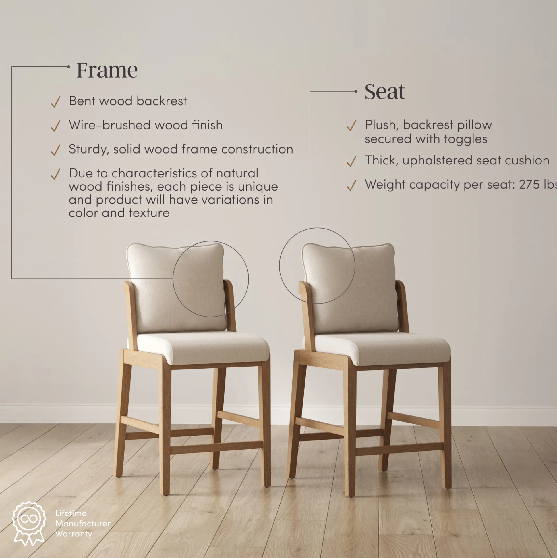 Scandinavian 2-Pack Bar Stool with Back Light Brown